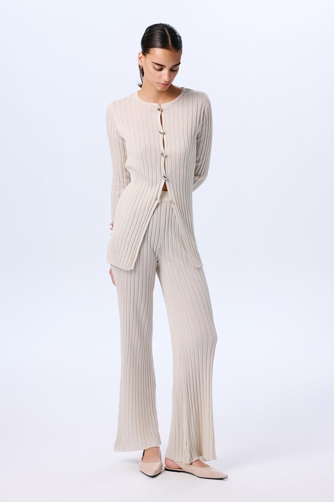 Wide Ribbed Glittery Knit Cream Trousers  