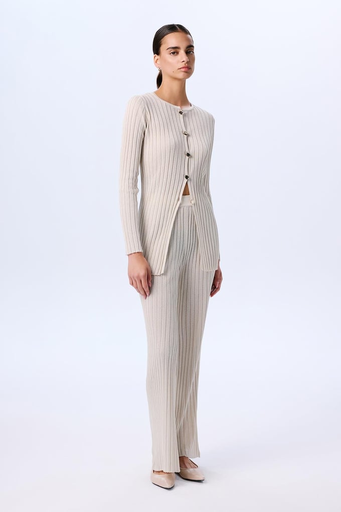 Wide Ribbed Glittery Knit Cream Trousers  
