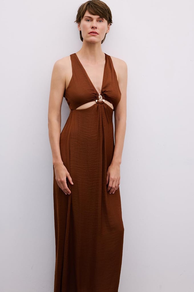 Long Brown Cut-Out Dress with Gold Accessories