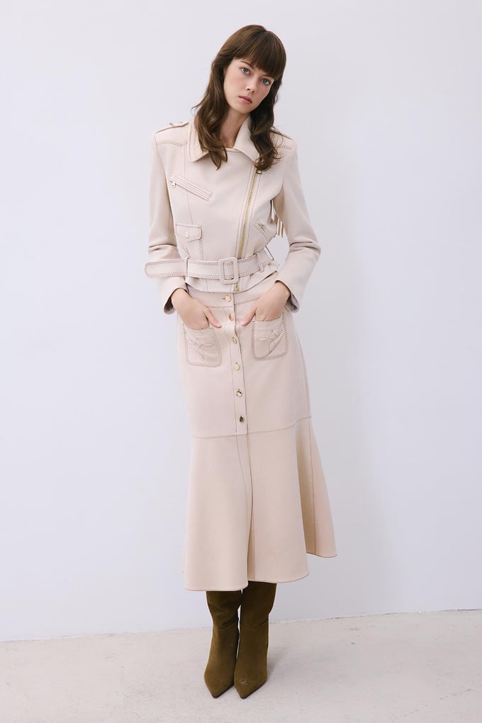 Beige Suede Midi Skirt with Gold Detail