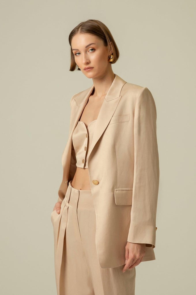 Gold Button Detail Pocketed Beige Long Jacket