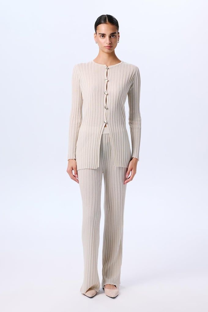 Gold Buttoned Glittery Long Sleeve Knit Cream Cardigan  