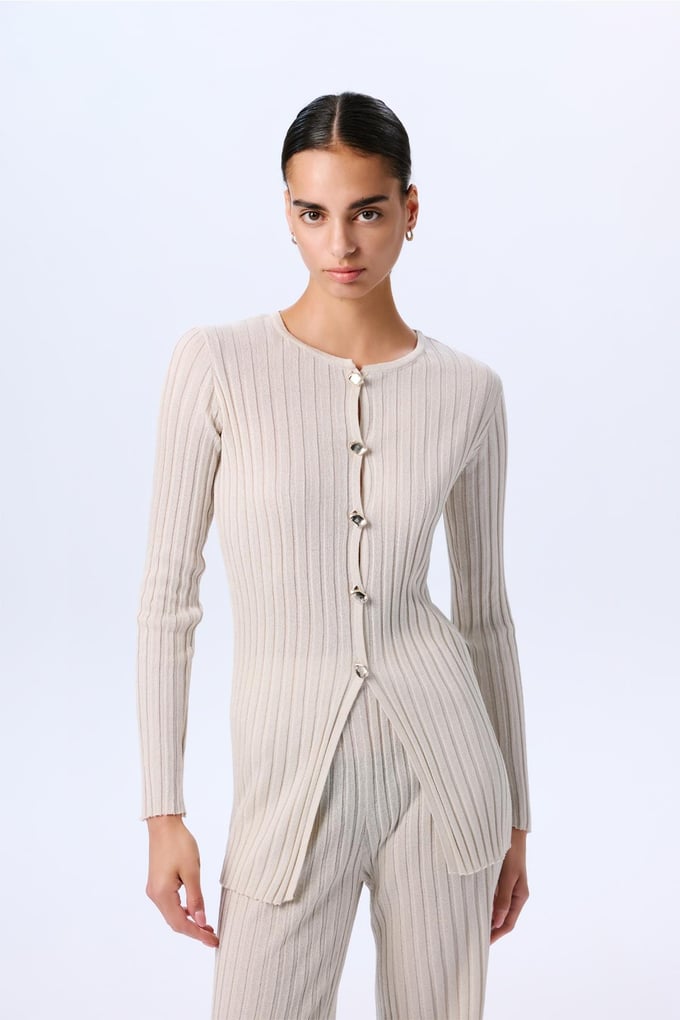Gold Buttoned Glittery Long Sleeve Knit Cream Cardigan  