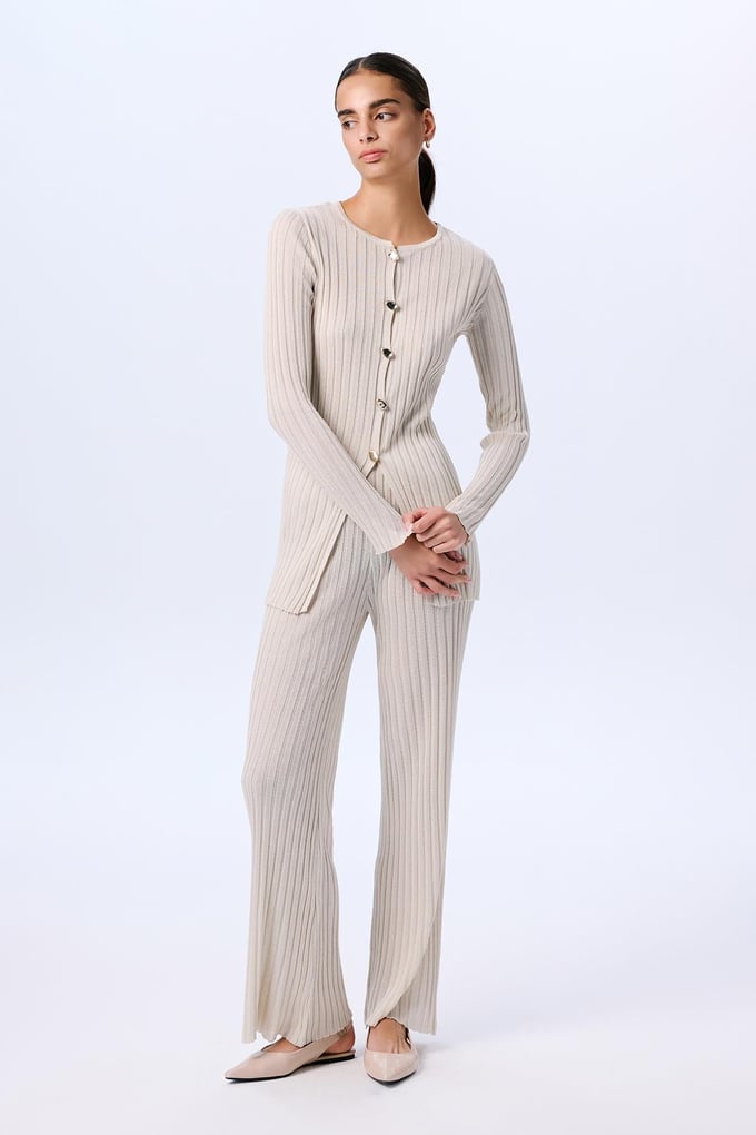 Gold Buttoned Glittery Long Sleeve Knit Cream Cardigan  