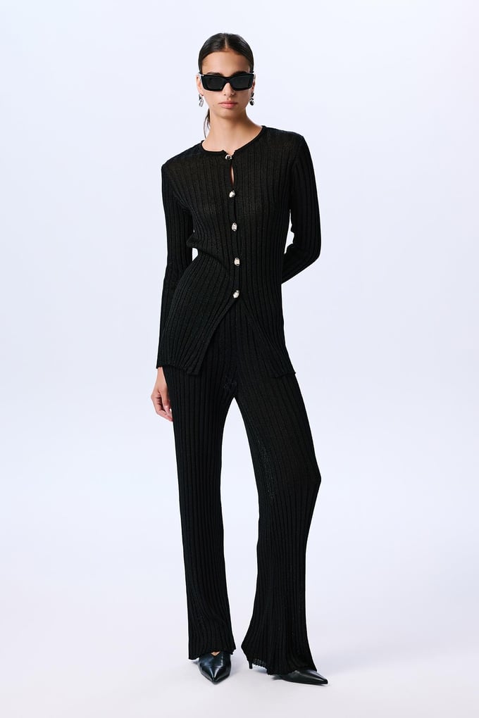 Gold Buttoned Glittery Long Sleeve Knit Black Cardigan  