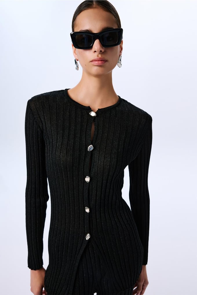 Gold Buttoned Glittery Long Sleeve Knit Black Cardigan  