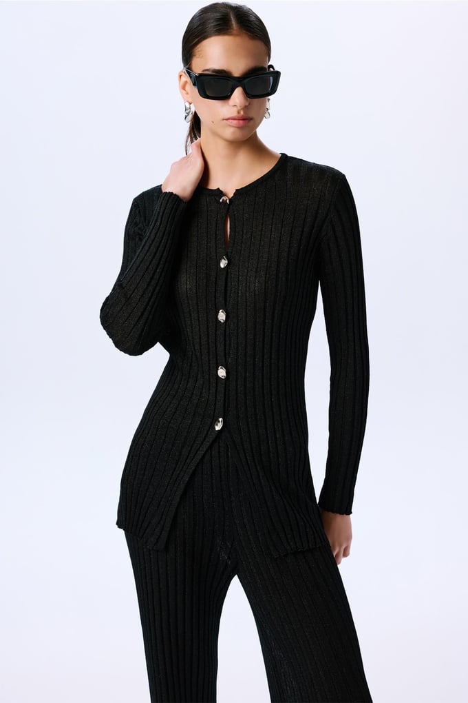 Gold Buttoned Glittery Long Sleeve Knit Black Cardigan  