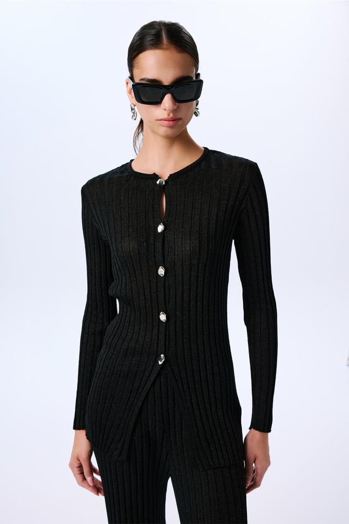 Gold Buttoned Glittery Long Sleeve Knit Black Cardigan  