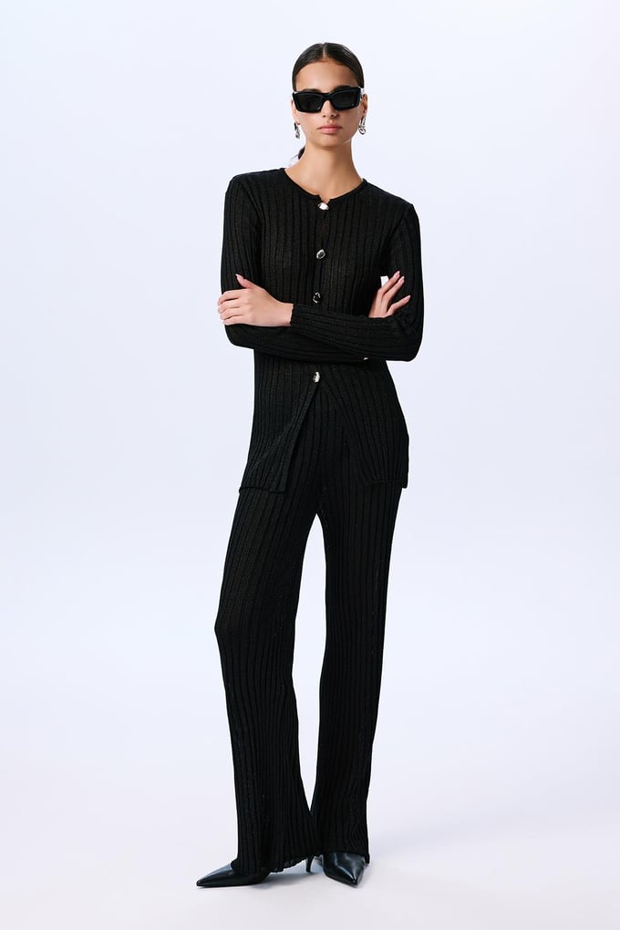 Gold Buttoned Glittery Long Sleeve Knit Black Cardigan  