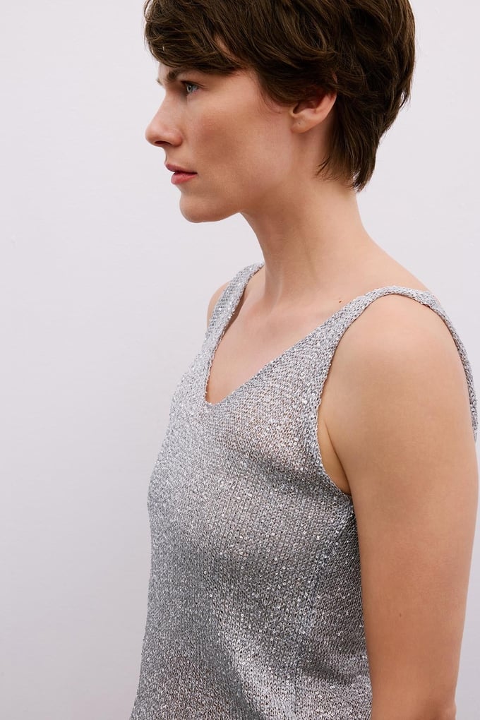 Silver Sequin V-Neck Relaxed Grey Crop Blouse