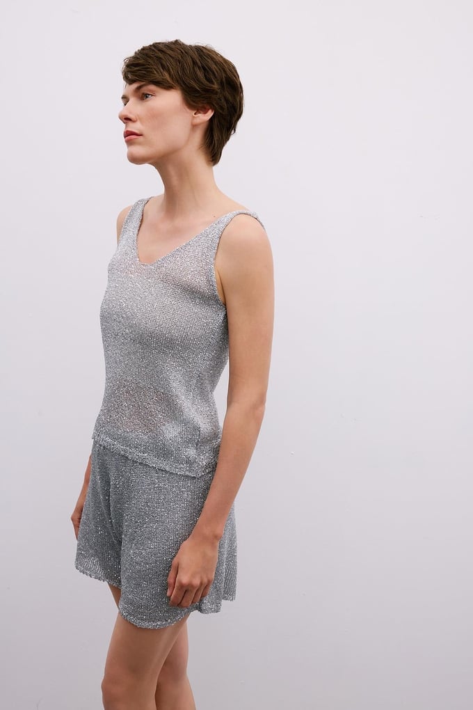 Silver Sequin V-Neck Relaxed Grey Crop Blouse