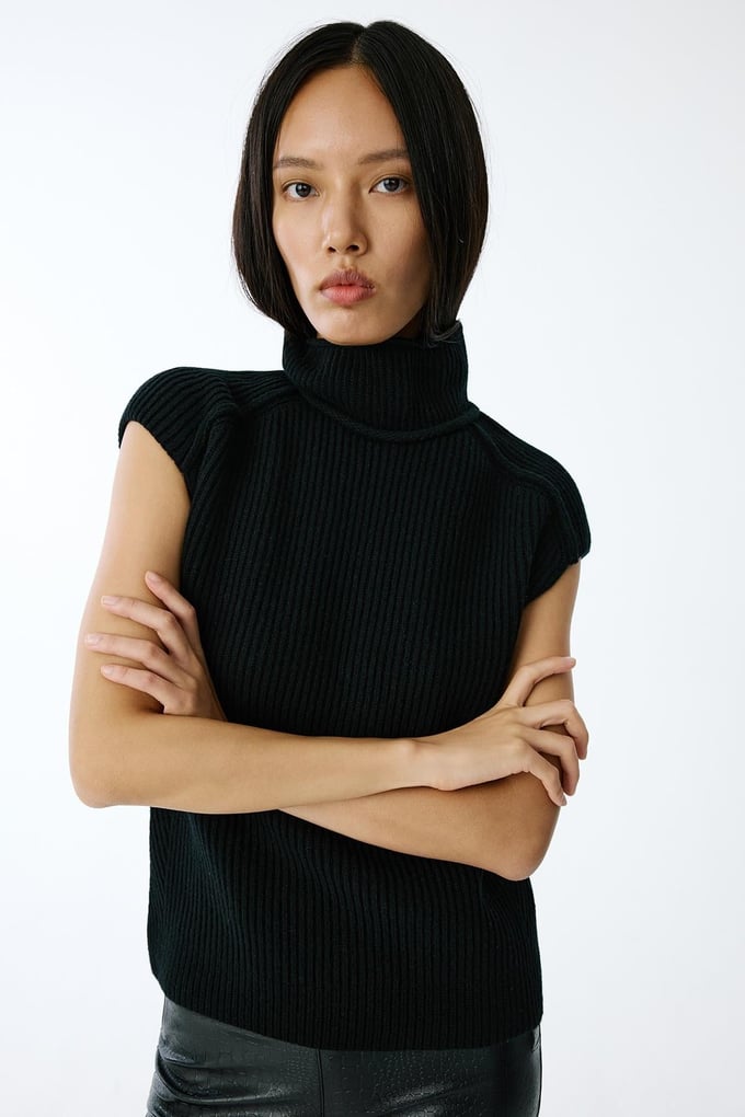 Stand Collar Black Knit Blouse