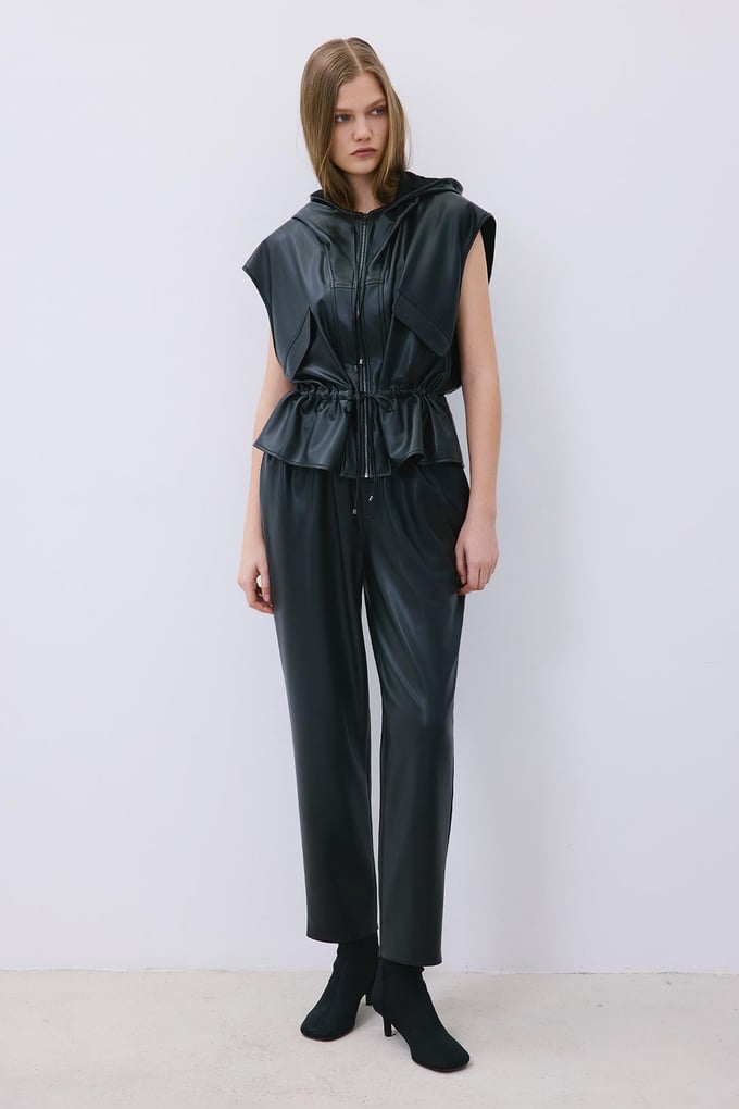 Black Adjustable Faux Leather Hooded Vest