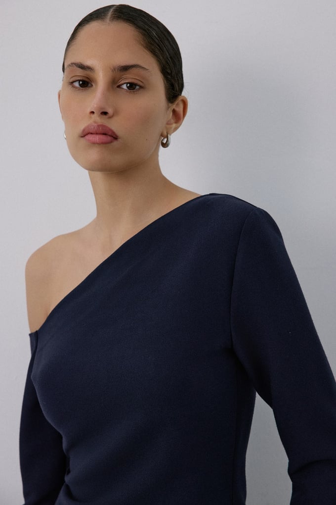 Boat Neck Long Sleeve Navy Blouse