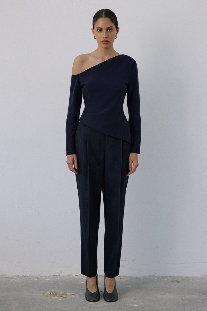 Boat Neck Long Sleeve Navy Blouse