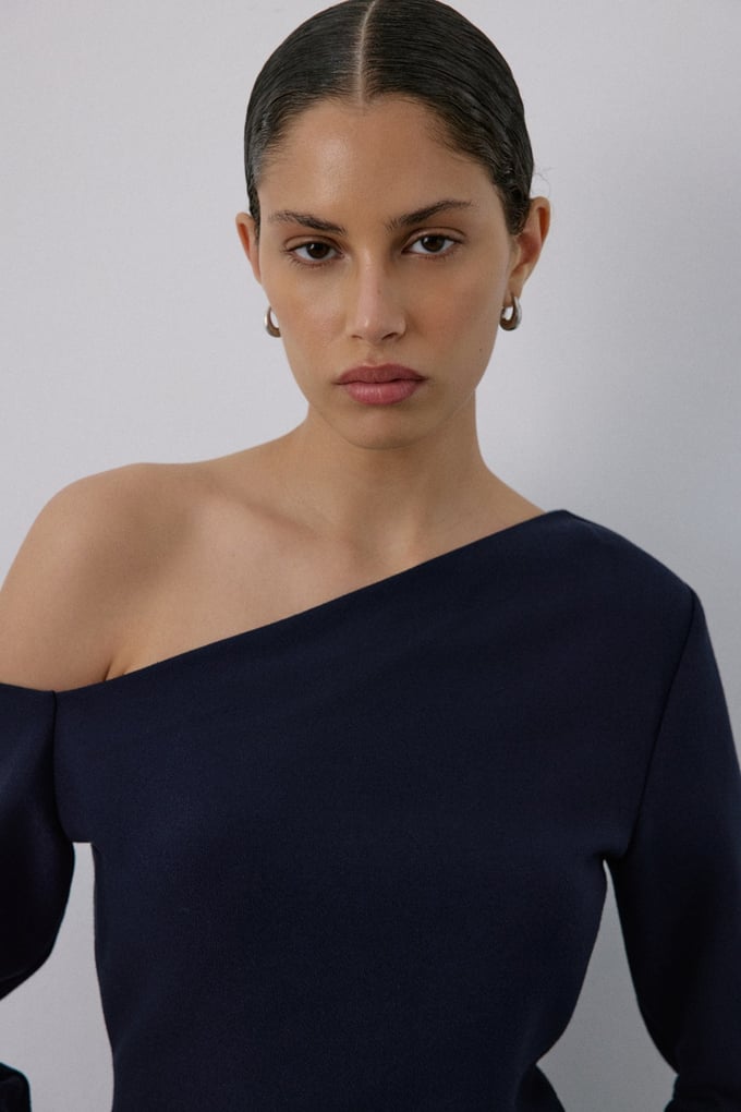 Boat Neck Long Sleeve Navy Blouse