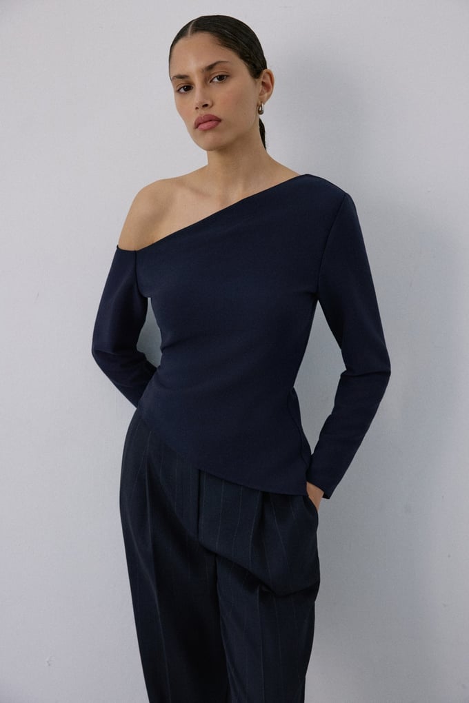 Boat Neck Long Sleeve Navy Blouse