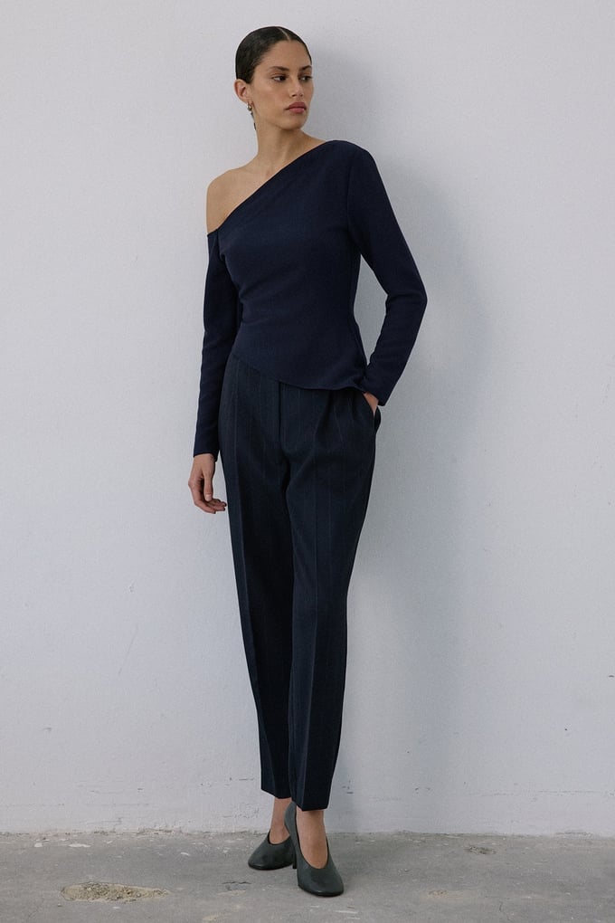 Boat Neck Long Sleeve Navy Blouse