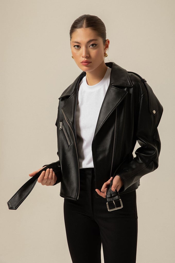 Belted Biker Black Leather Jacket
