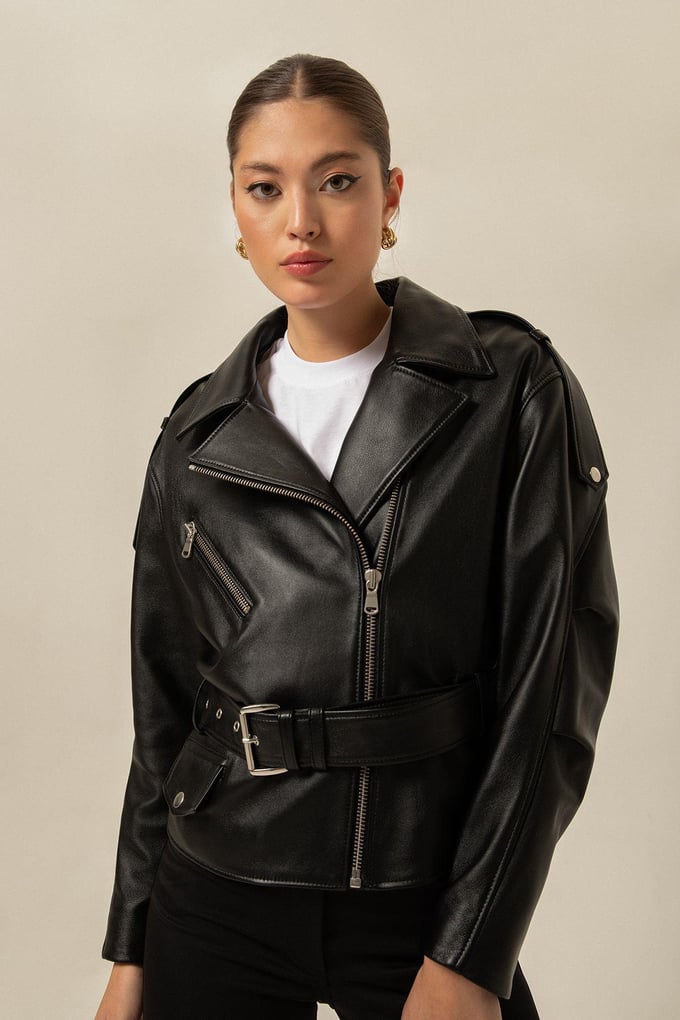 Belted Biker Black Leather Jacket