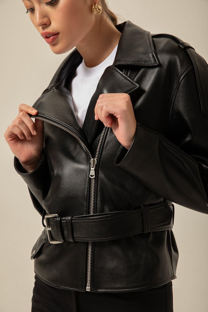 Belted Biker Black Leather Jacket