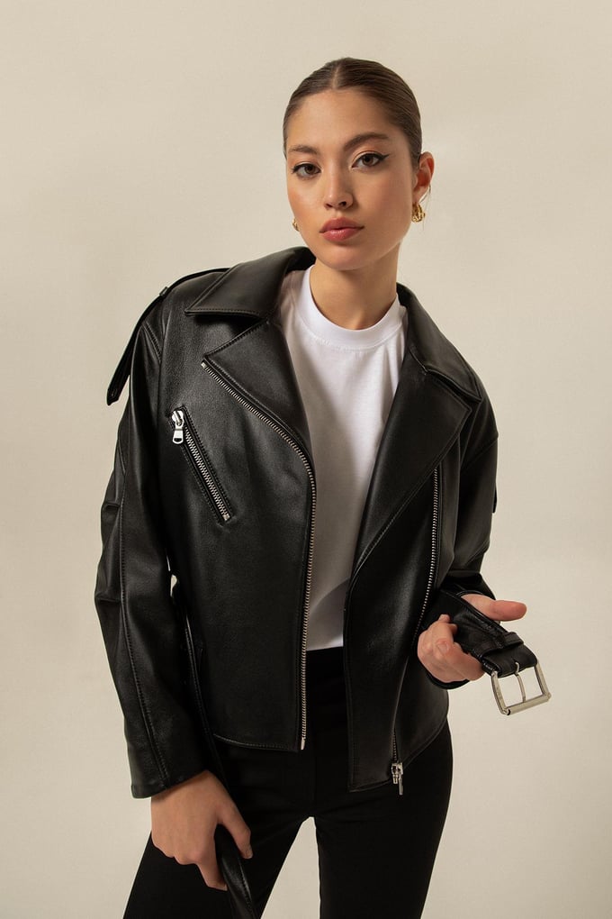 Belted Biker Black Leather Jacket