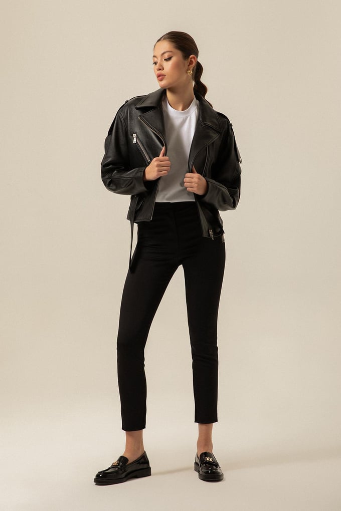 Belted Biker Black Leather Jacket