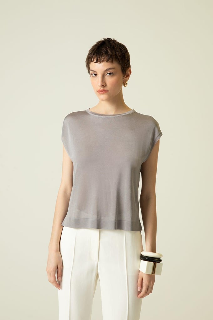 Short Sleeve Silver Knit Blouse