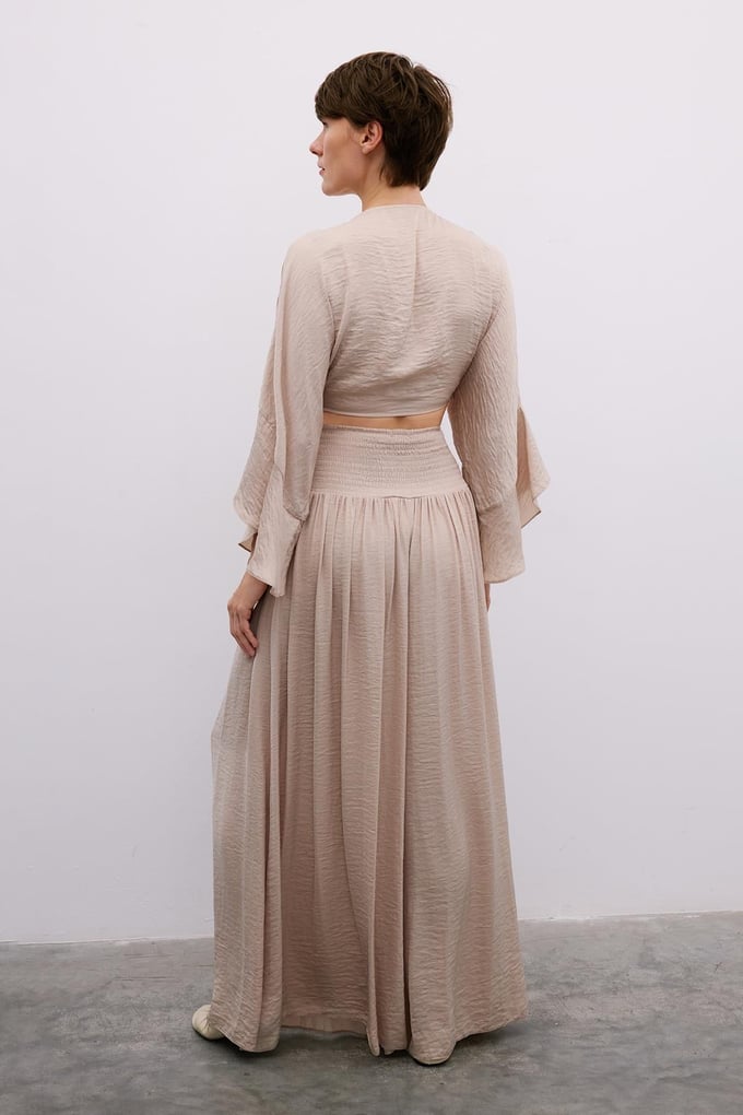 Corset Detail Wide-Leg Beige Trousers