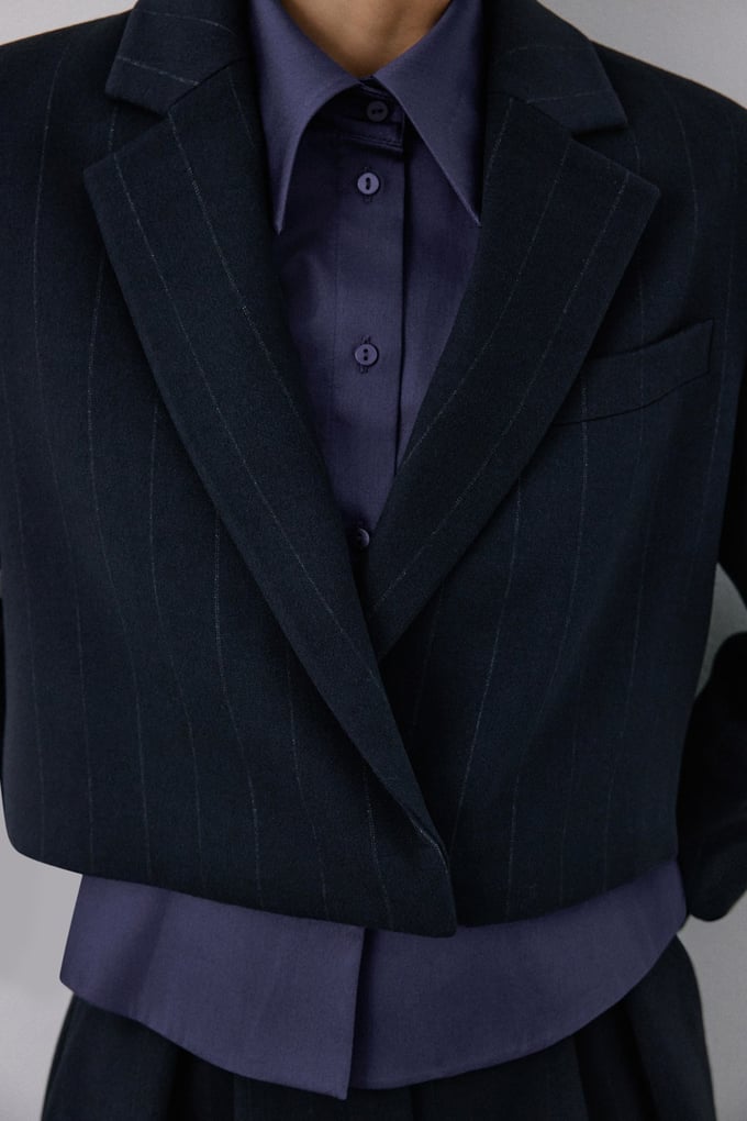 Double Breasted Lined Striped Short Navy Blazer