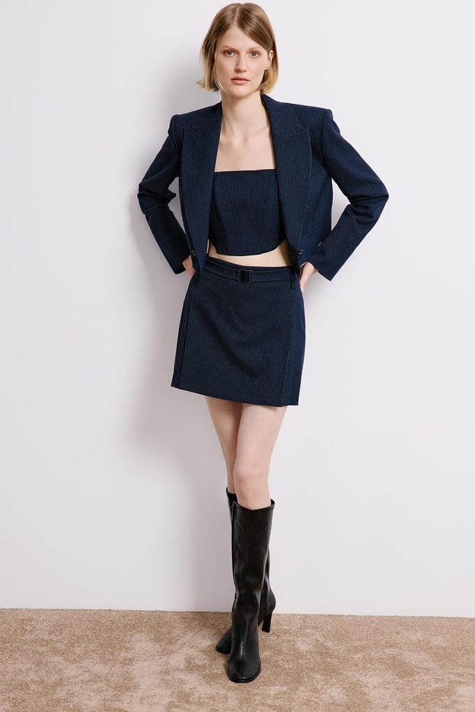 Navy Striped Wrap Crop Blazer