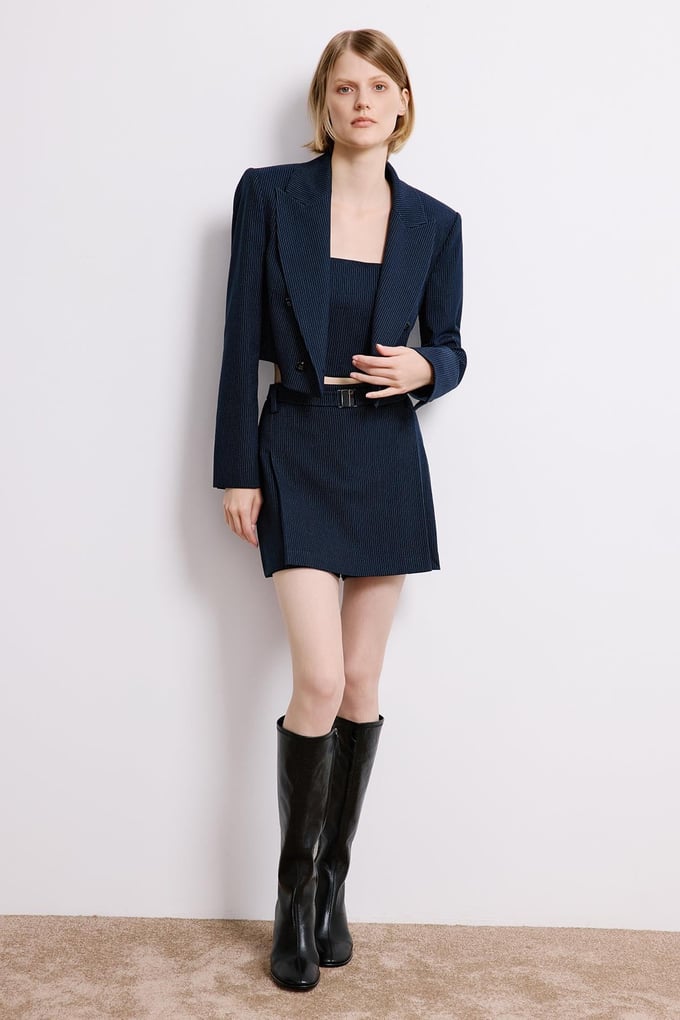 Navy Striped Wrap Crop Blazer
