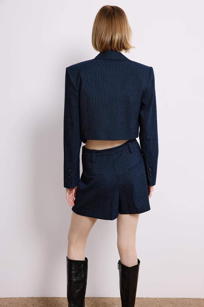Navy Striped Wrap Crop Blazer