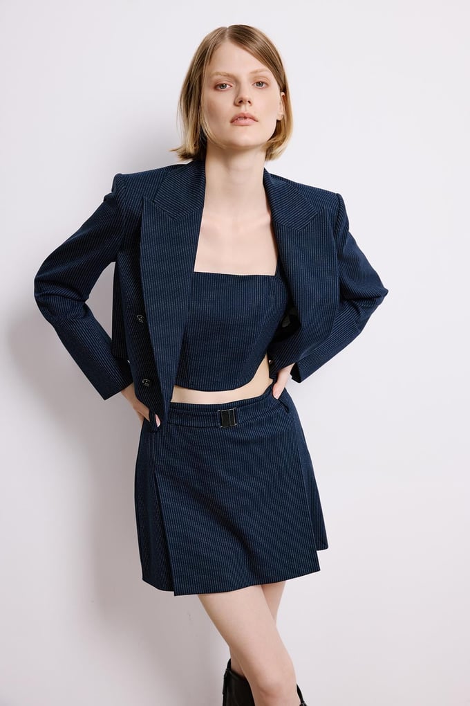 Navy Striped Wrap Crop Blazer