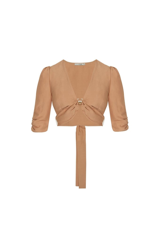 Kuşak Detaylı V Yaka Camel Bluz