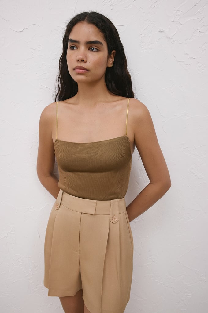 Metal Strap Backless Tobacco Knit Blouse
