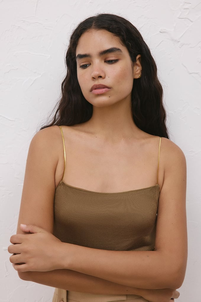 Metal Strap Backless Tobacco Knit Blouse