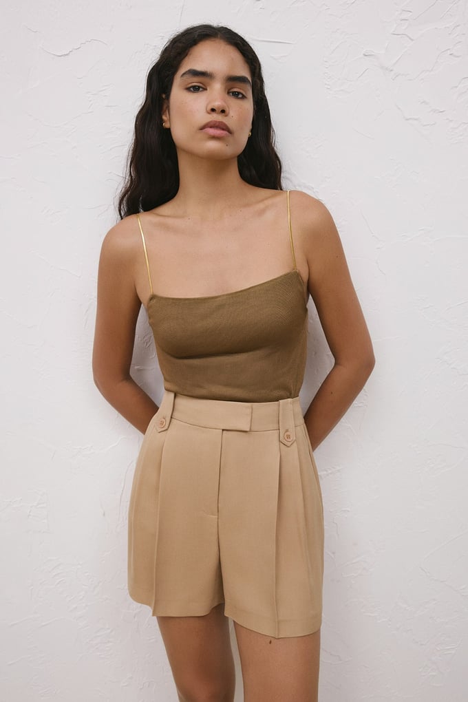Metal Strap Backless Tobacco Knit Blouse
