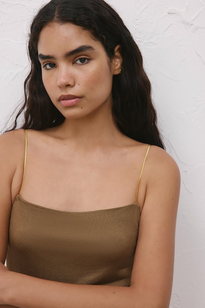 Metal Strap Backless Tobacco Knit Blouse