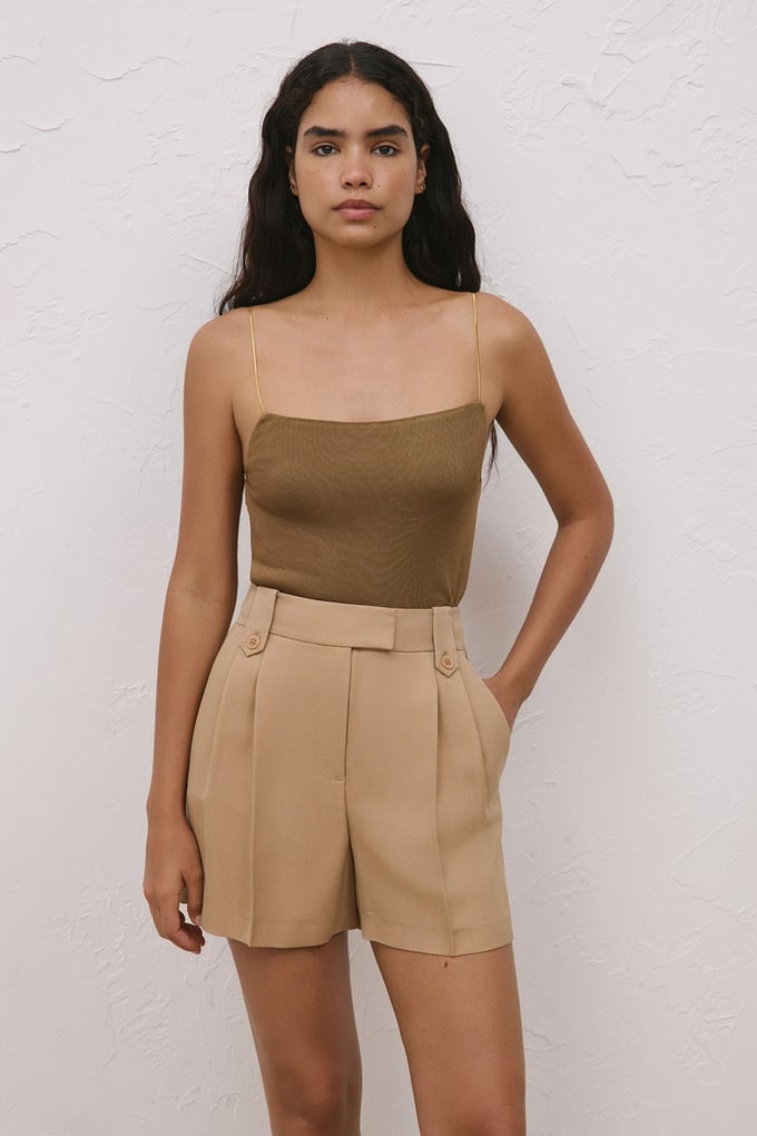 Metal Strap Backless Tobacco Knit Blouse