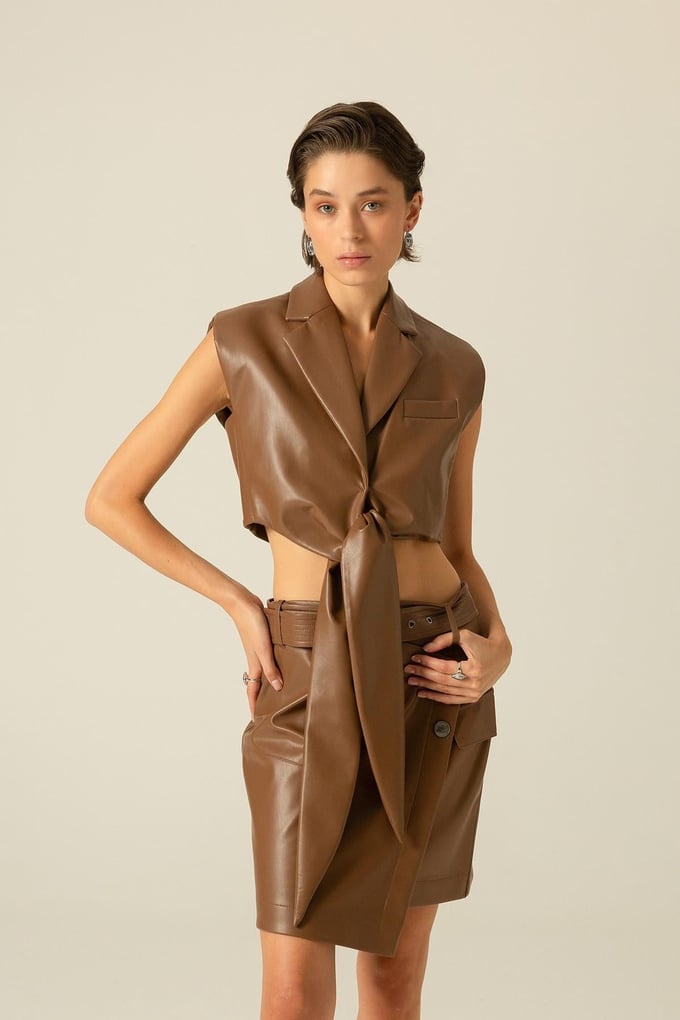 Front Tie Sleeveless Camel Faux Leather Vest