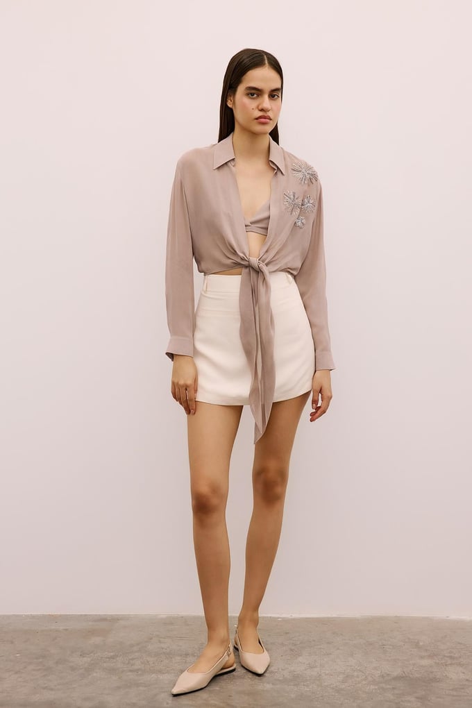 Payet İşlemeli Bağlamalı Vizon Crop Bluz