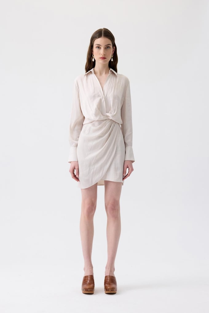 Pleated Wrap Ecru Mini Dress