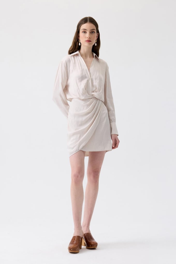 Pleated Wrap Ecru Mini Dress