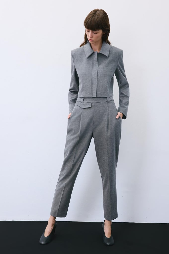 Grey Wool-Blend Pleated High Waist Pants