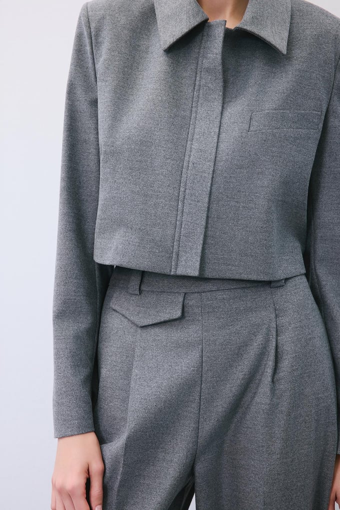 Grey Wool-Blend Pleated High Waist Pants