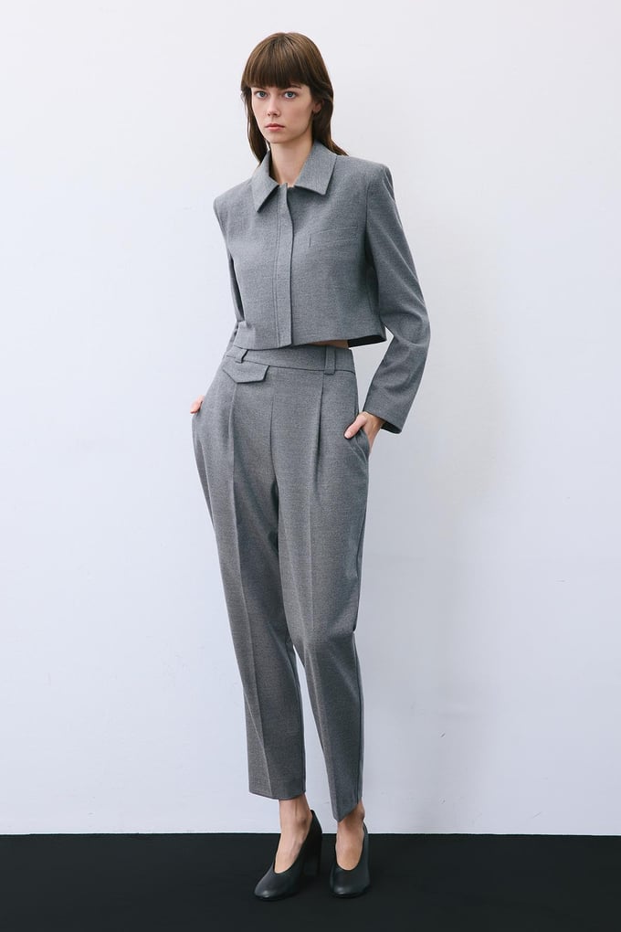 Grey Wool-Blend Pleated High Waist Pants