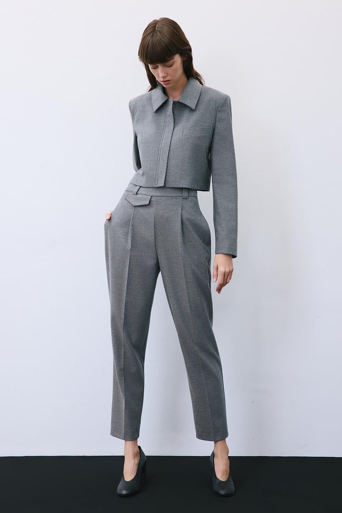 Grey Wool-Blend Pleated High Waist Pants