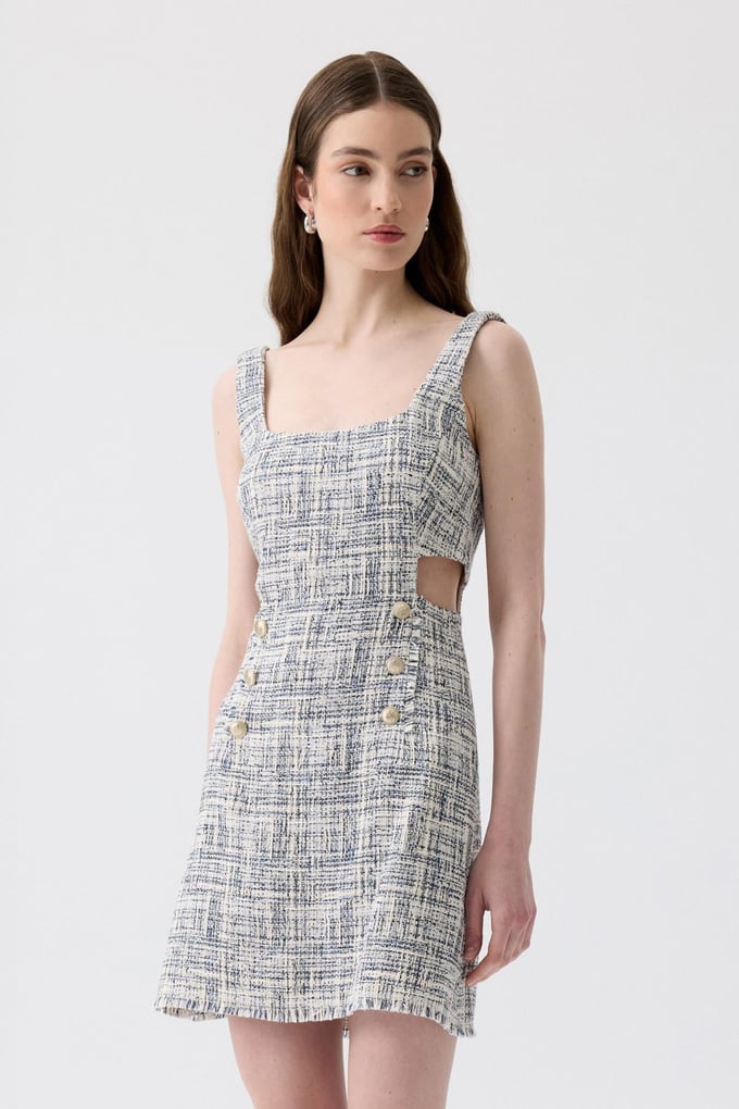 Fringed Detail Waist Cut-Out Navy Blue Mini Dress