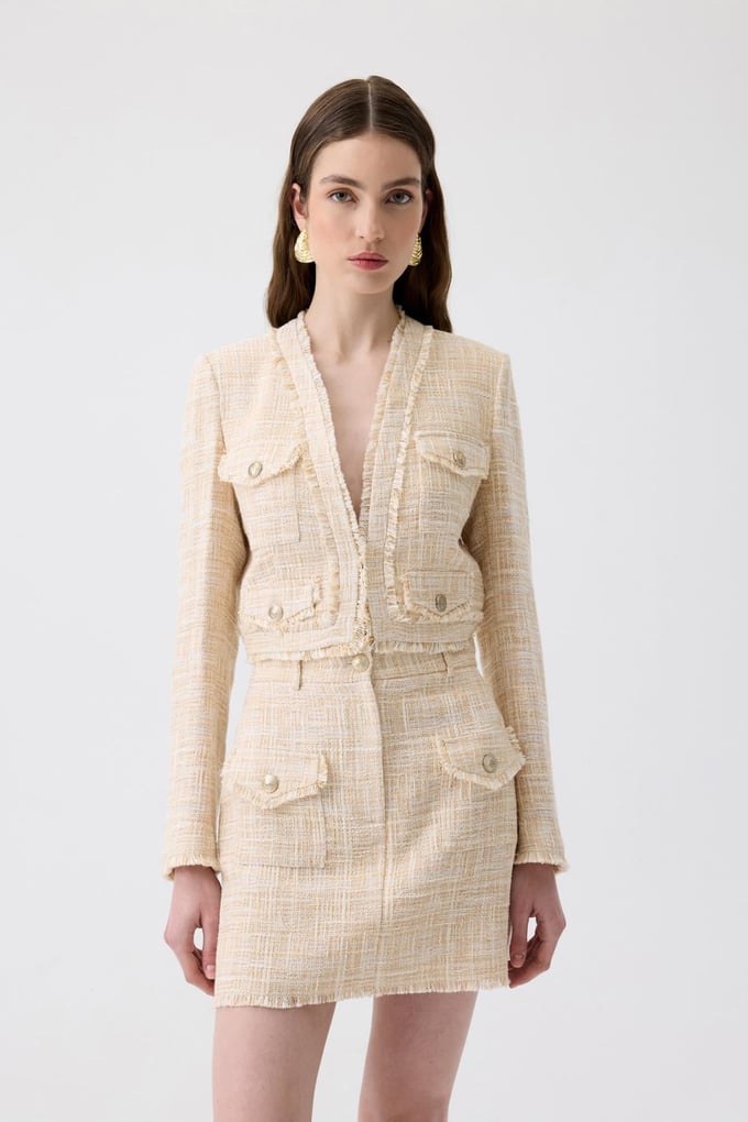 Fringed Detail Beige Tweed Mini Blazer